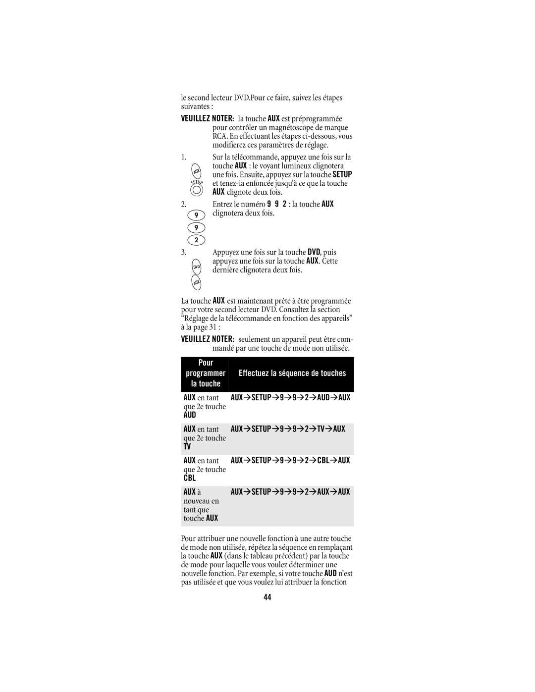 Shaw M1055FR manual AUX en tant AUXSETUP992AUDAUX que 2e touche, AUX à 