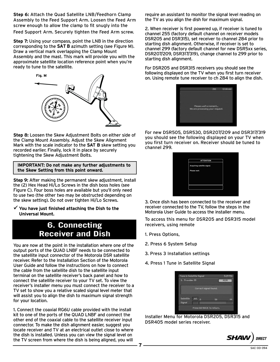 Shaw SAC-00-094 manual Connecting Receiver and Dish, Fig. M 