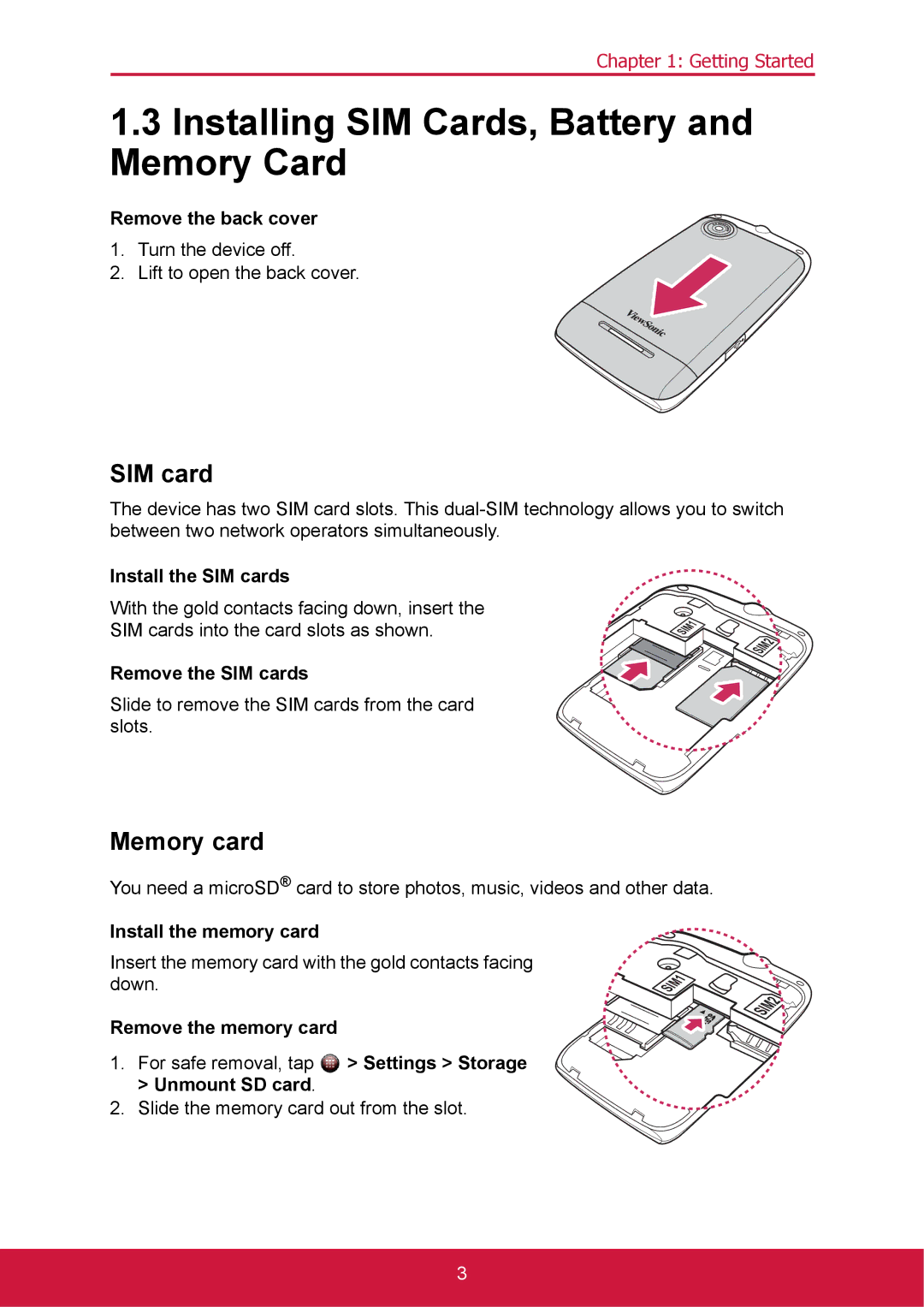 ShelterLogic VS14032 manual Installing SIM Cards, Battery and Memory Card, SIM card, Memory card 