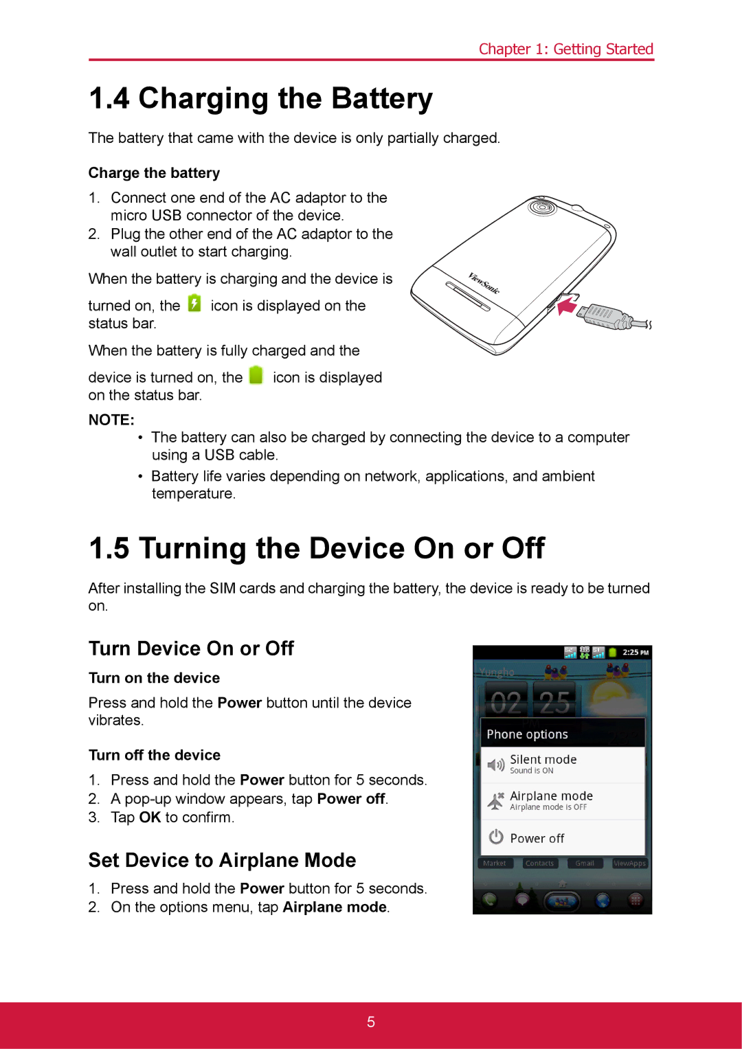 ShelterLogic VS14032 manual Charging the Battery, Turning the Device On or Off, Turn Device On or Off 