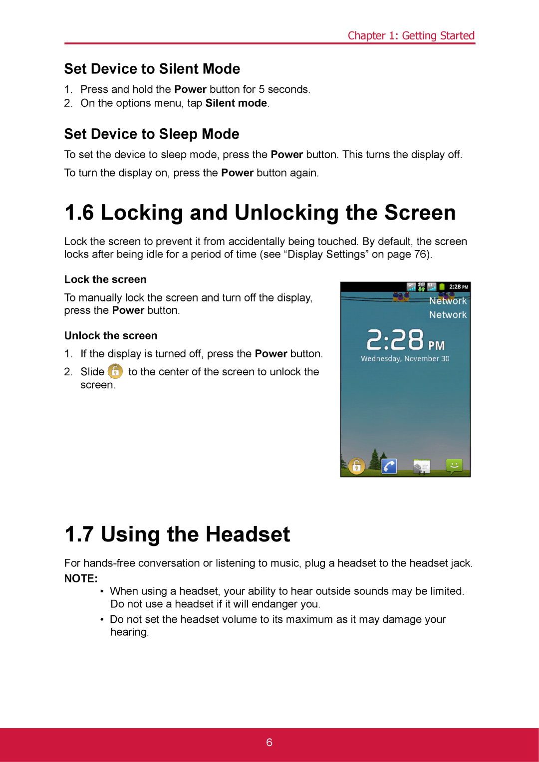 ShelterLogic VS14032 manual Locking and Unlocking the Screen, Using the Headset, Set Device to Silent Mode 