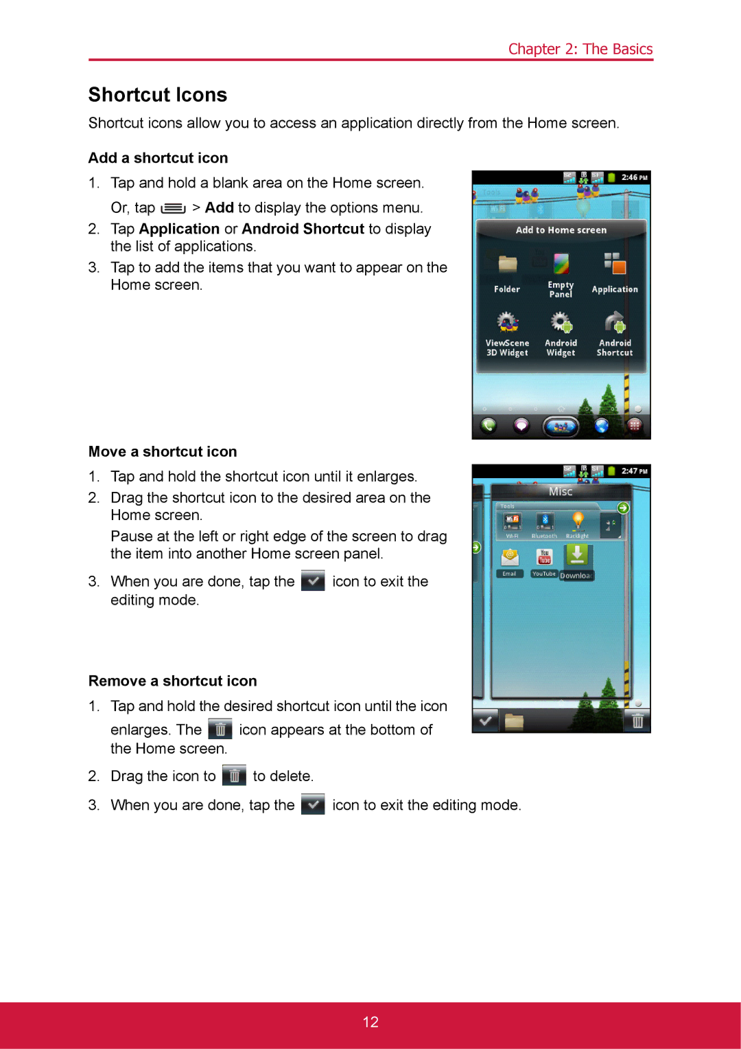 ShelterLogic VS14032 manual Shortcut Icons, Add a shortcut icon, Move a shortcut icon, Remove a shortcut icon 