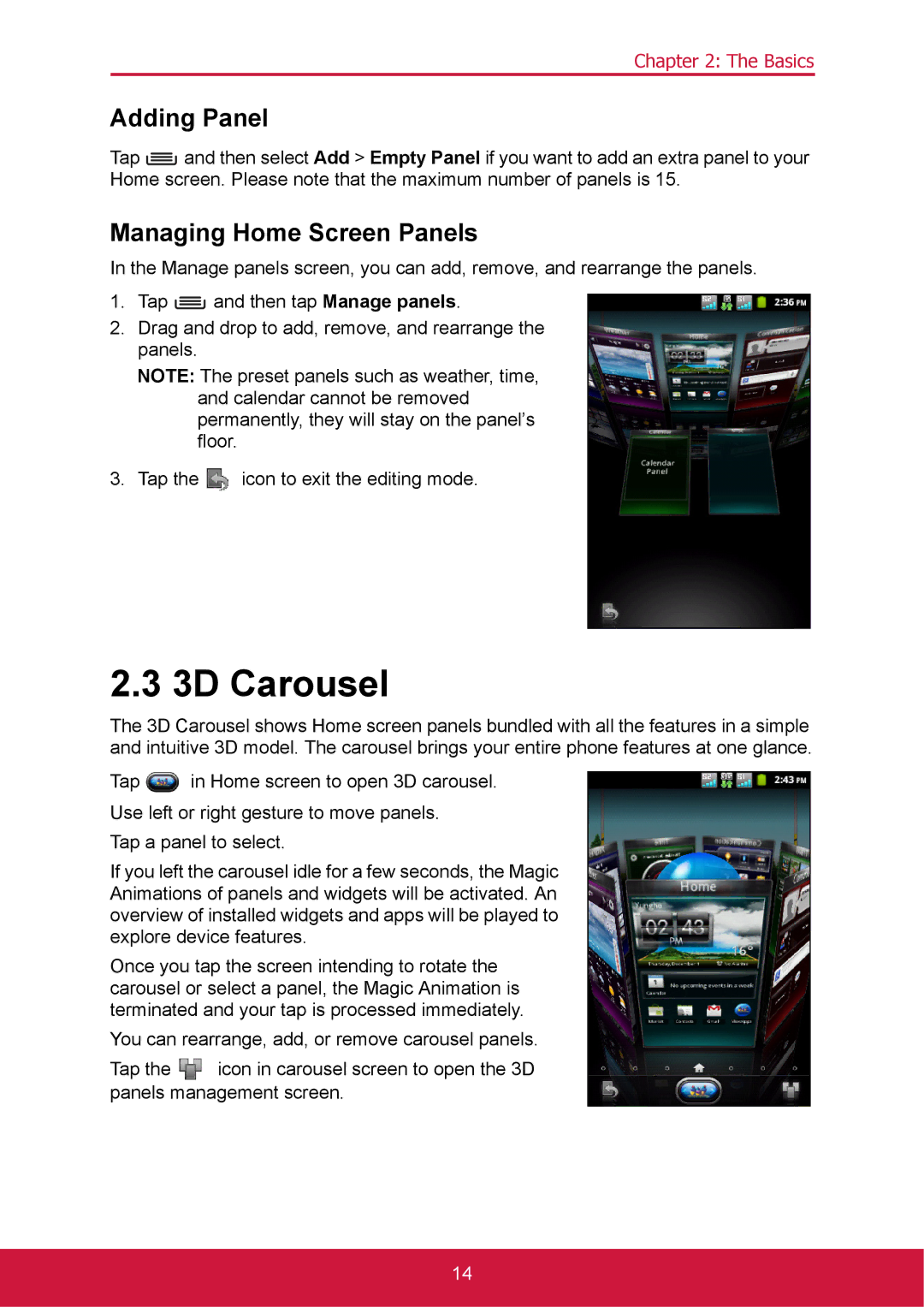 ShelterLogic VS14032 manual 3D Carousel, Adding Panel, Managing Home Screen Panels 