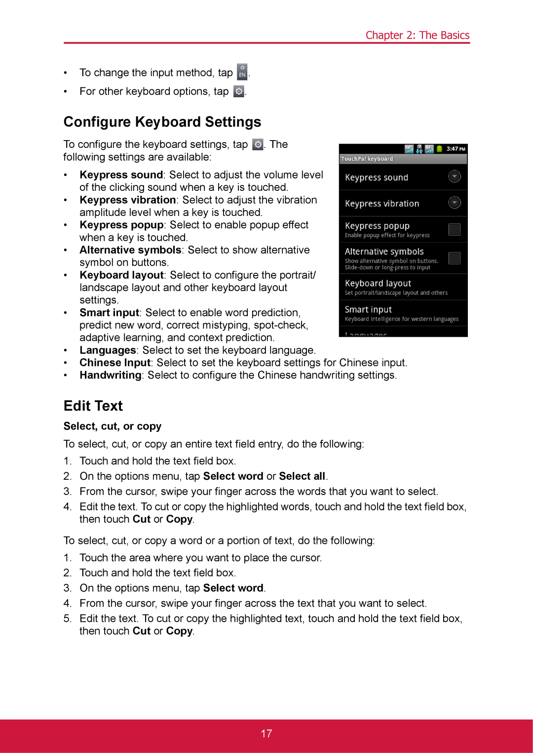 ShelterLogic VS14032 manual Configure Keyboard Settings, Edit Text, Select, cut, or copy 