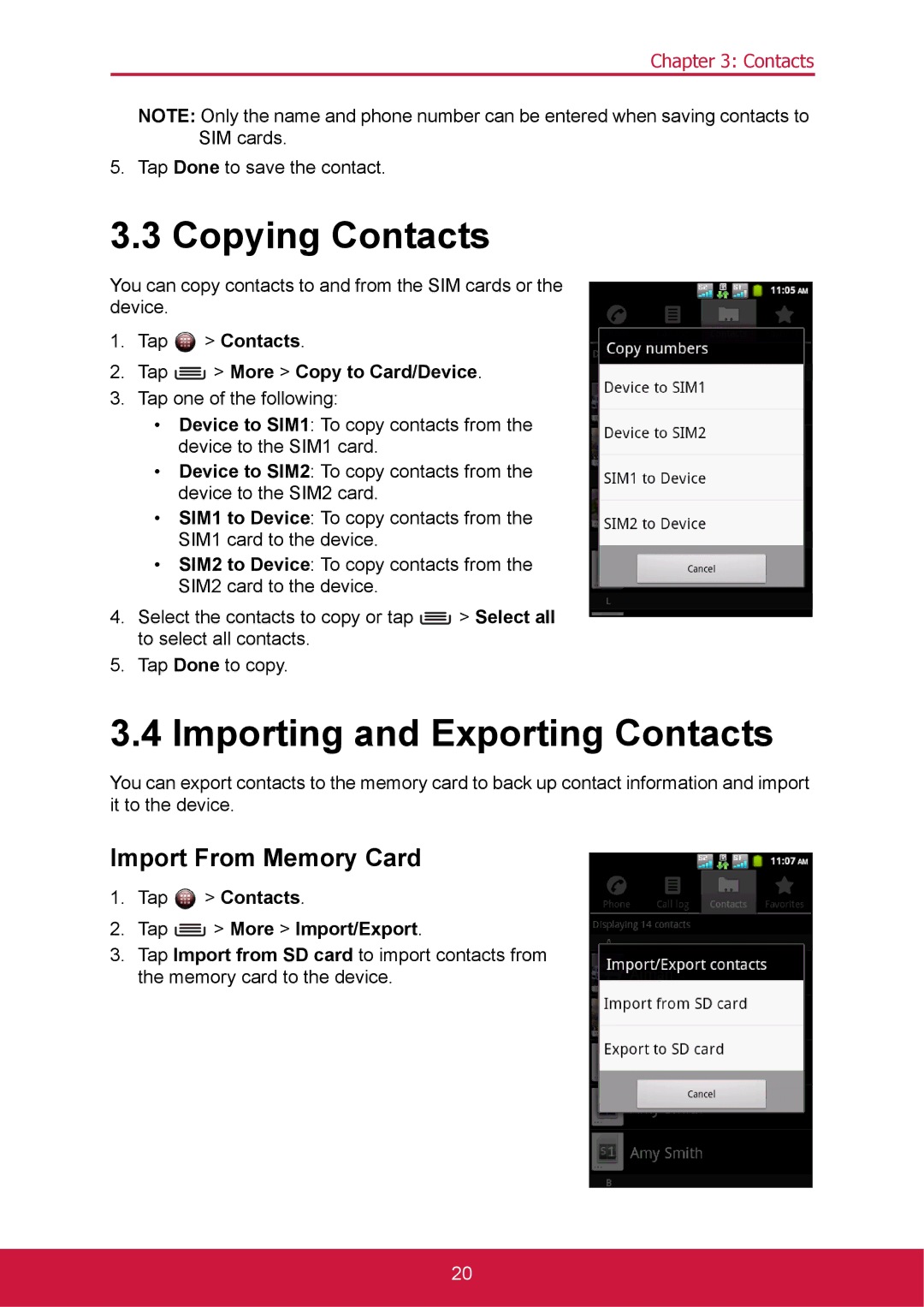 ShelterLogic VS14032 Copying Contacts, Importing and Exporting Contacts, Import From Memory Card, Tap More Import/Export 