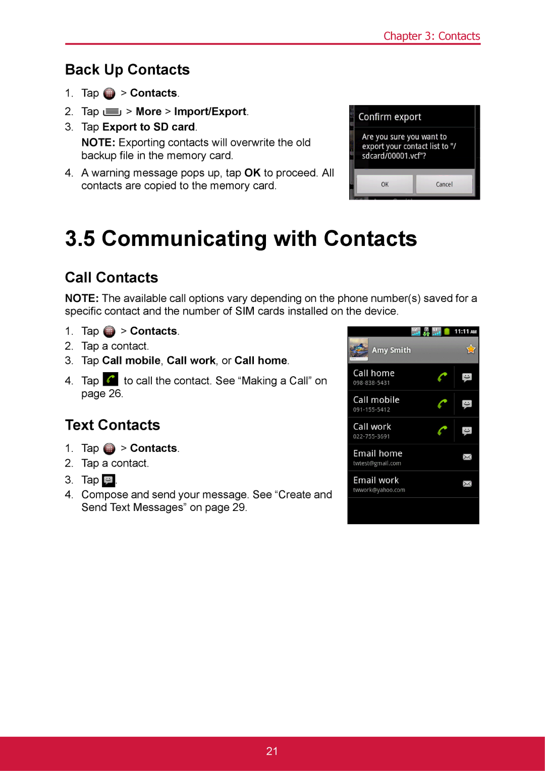 ShelterLogic VS14032 manual Communicating with Contacts, Back Up Contacts, Call Contacts, Text Contacts 