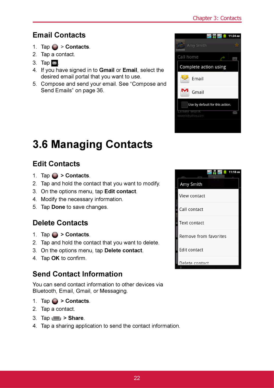 ShelterLogic VS14032 manual Managing Contacts, Email Contacts, Edit Contacts, Delete Contacts, Send Contact Information 