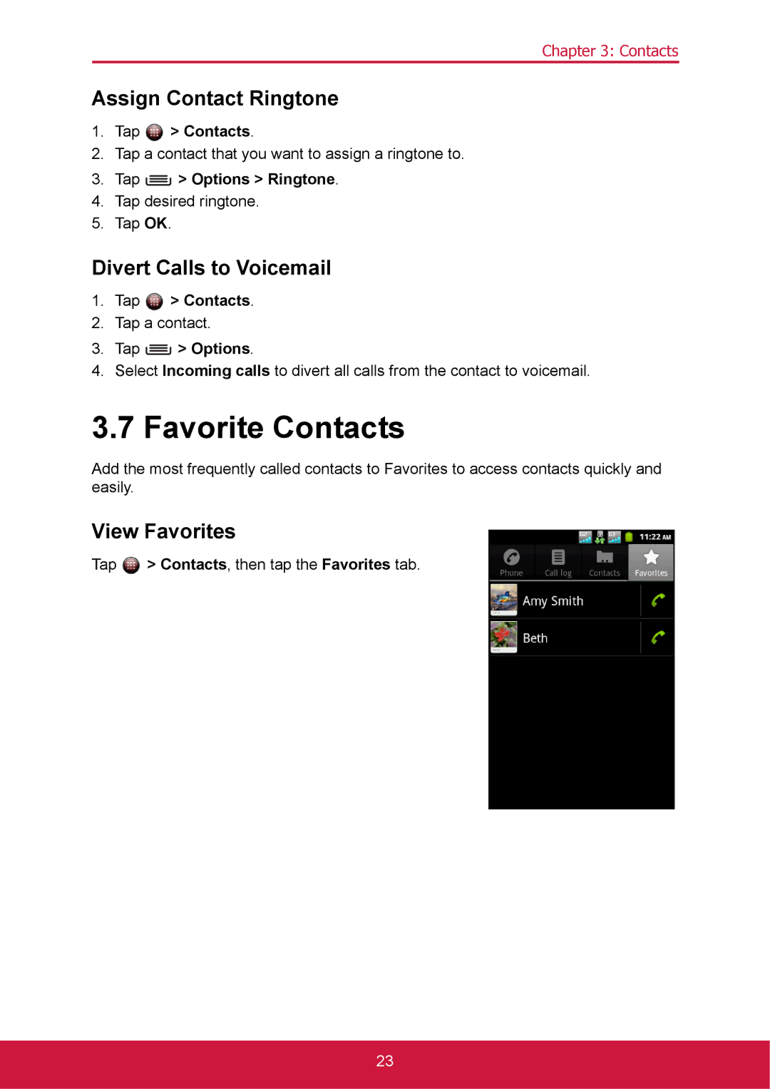 ShelterLogic VS14032 manual Favorite Contacts, Assign Contact Ringtone, Divert Calls to Voicemail, View Favorites 