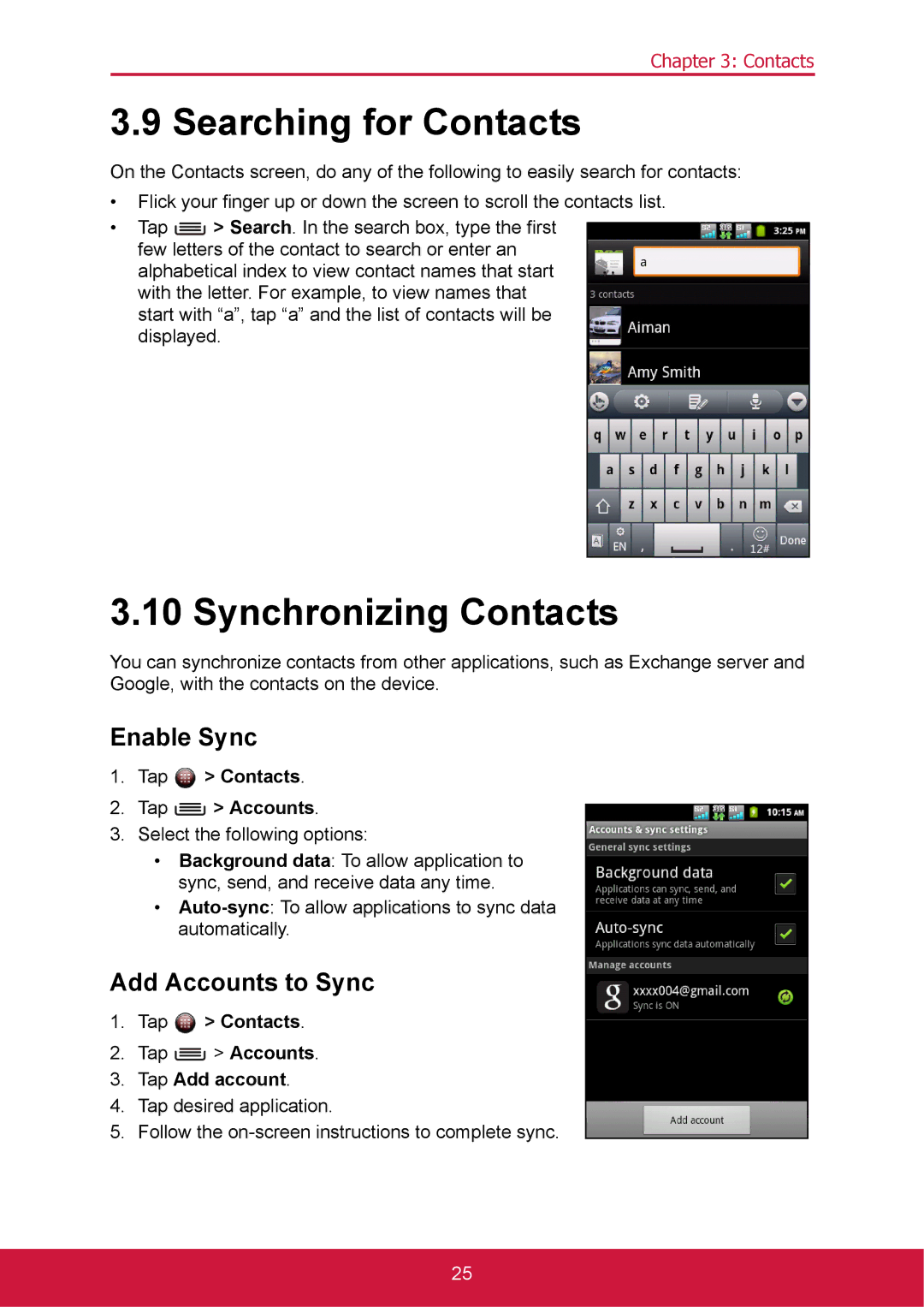 ShelterLogic VS14032 manual Searching for Contacts, Synchronizing Contacts, Enable Sync, Add Accounts to Sync 