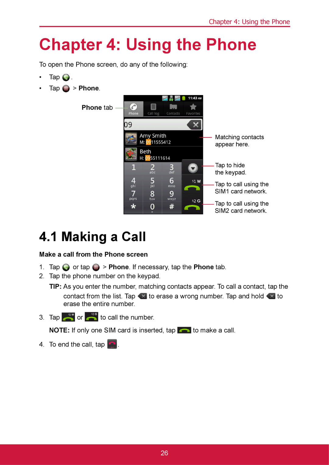 ShelterLogic VS14032 manual Using the Phone, Making a Call, Phone tab, Make a call from the Phone screen 