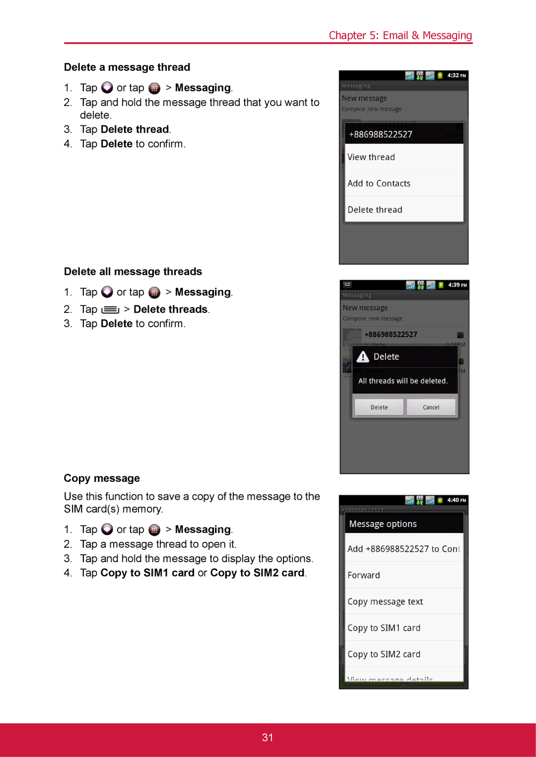 ShelterLogic VS14032 manual Delete a message thread, Delete all message threads, Tap Delete threads, Copy message 