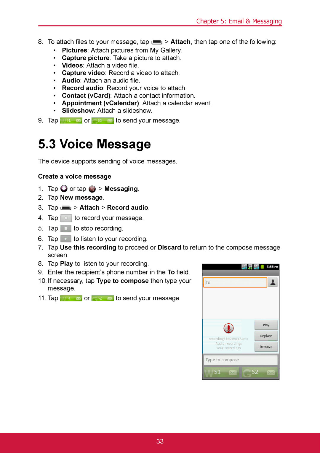 ShelterLogic VS14032 manual Voice Message, Create a voice message, Tap New message Tap Attach Record audio 