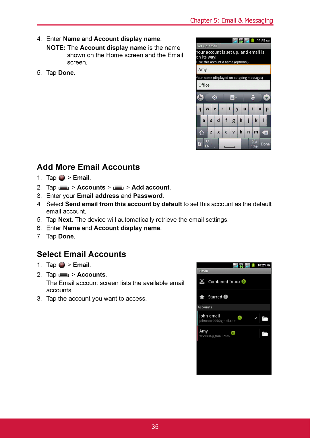 ShelterLogic VS14032 manual Add More Email Accounts, Select Email Accounts, Enter Name and Account display name 