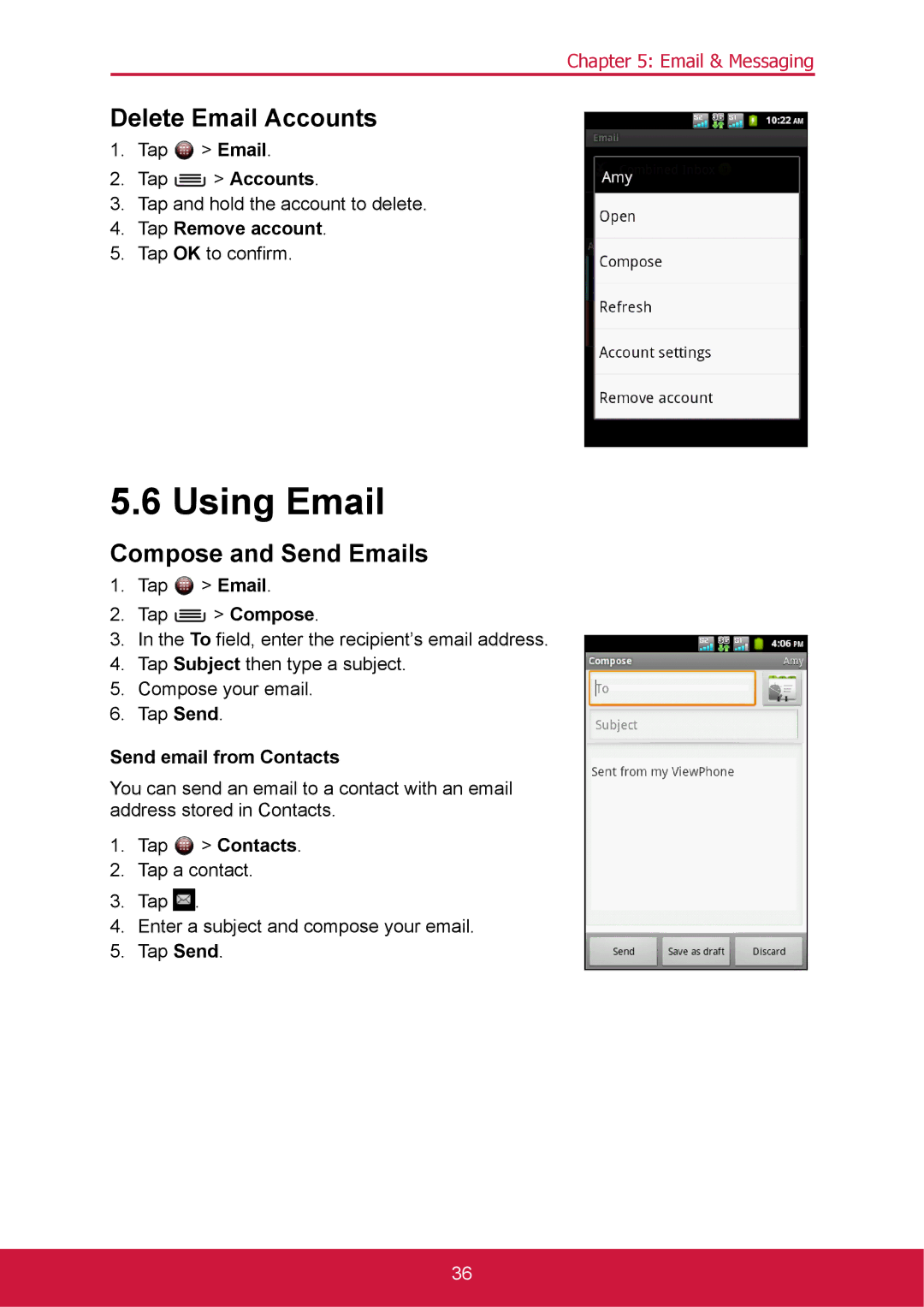 ShelterLogic VS14032 manual Using Email, Delete Email Accounts, Compose and Send Emails, Tap Remove account 