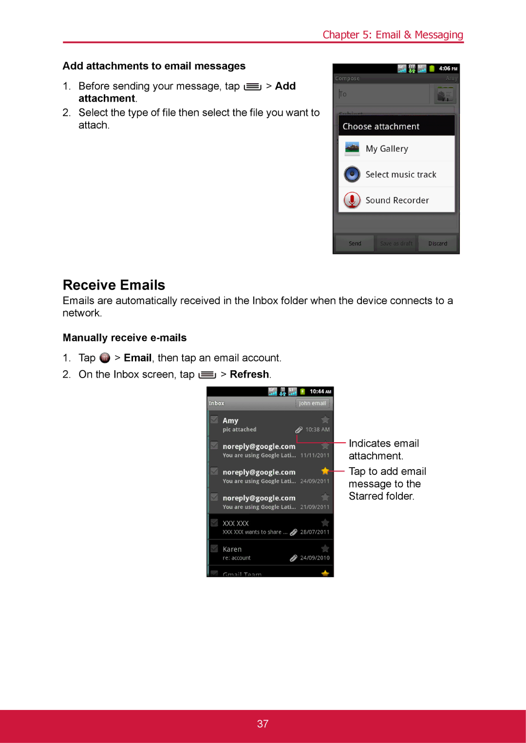 ShelterLogic VS14032 manual Receive Emails, Add attachments to email messages, Manually receive e-mails 