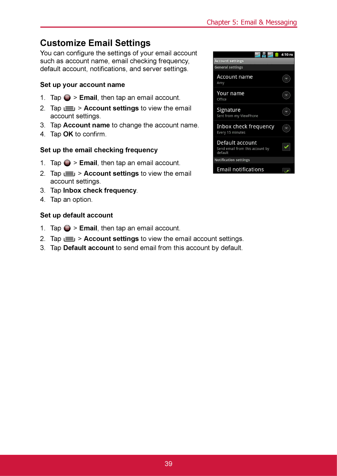 ShelterLogic VS14032 manual Customize Email Settings, Set up your account name, Set up the email checking frequency 