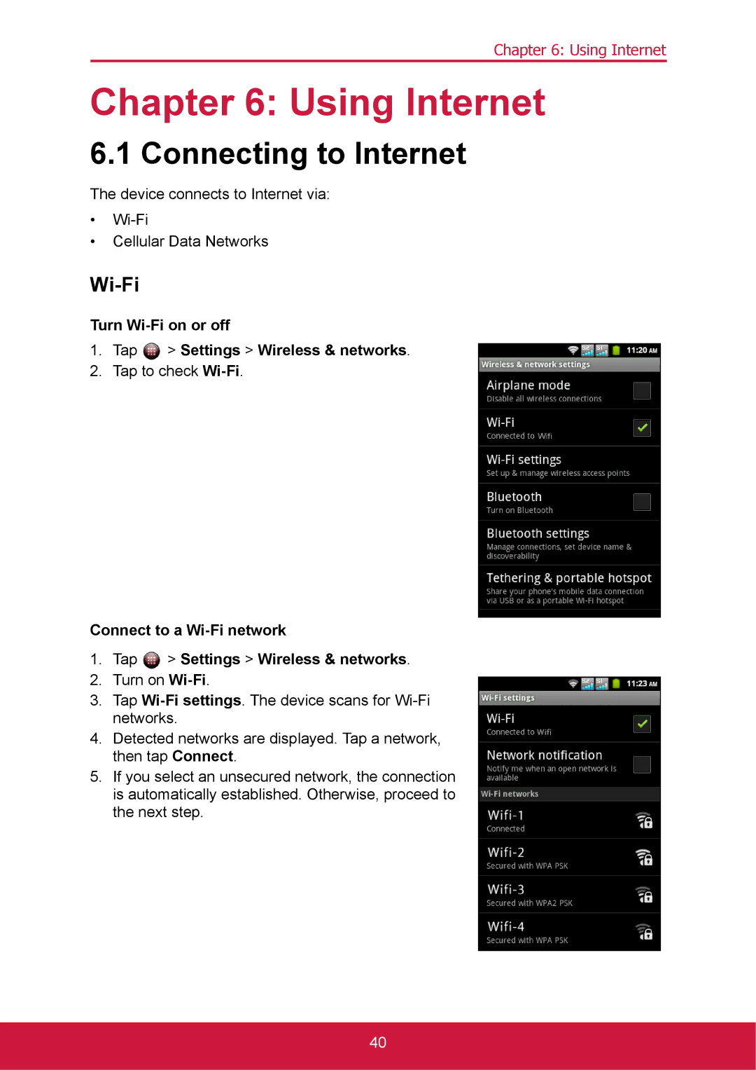 ShelterLogic VS14032 Using Internet, Connecting to Internet, Turn Wi-Fi on or off Tap Settings Wireless & networks 