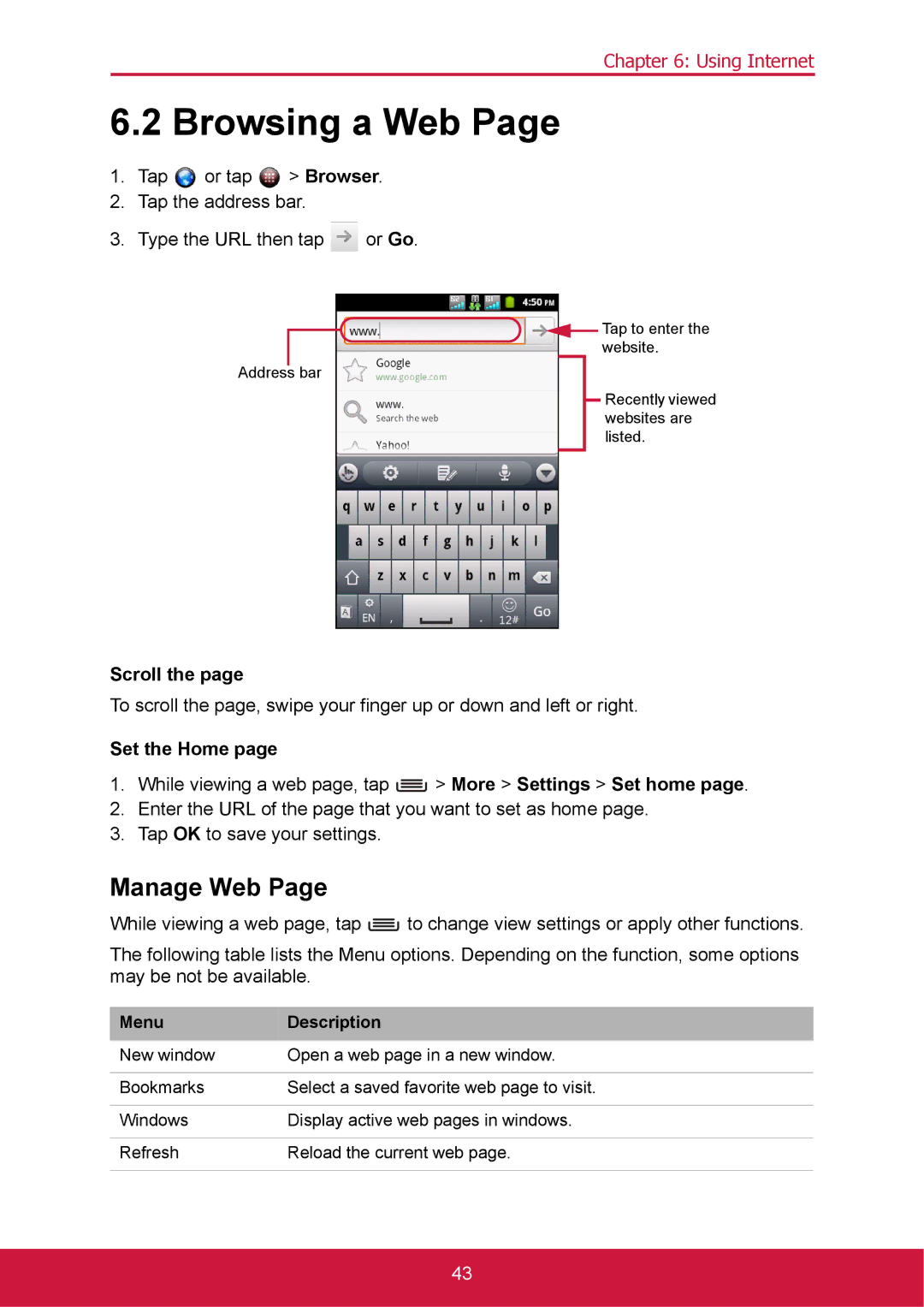 ShelterLogic VS14032 manual Browsing a Web, Manage Web, Scroll, Set the Home 