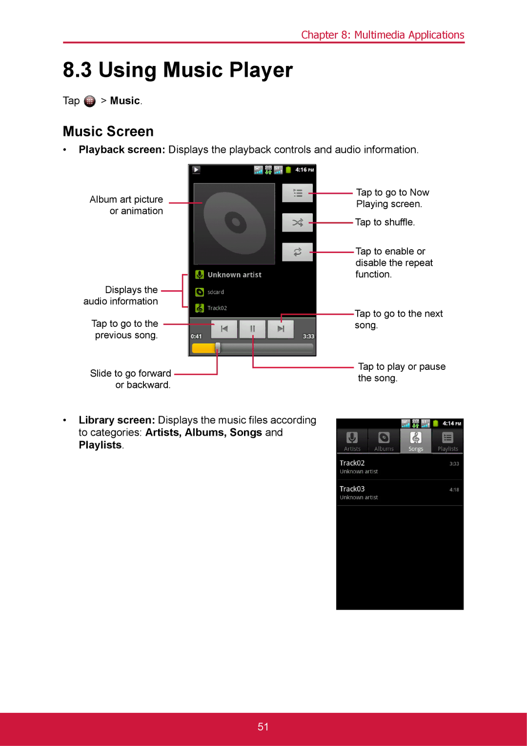 ShelterLogic VS14032 manual Using Music Player, Music Screen, To categories Artists, Albums, Songs and Playlists 