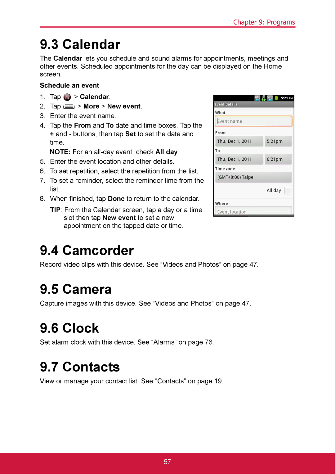 ShelterLogic VS14032 manual Calendar, Camcorder, Camera, Clock, Contacts 