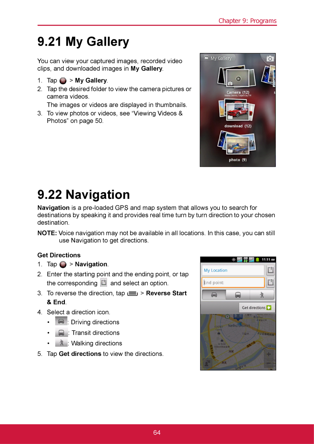 ShelterLogic VS14032 manual My Gallery, Get Directions Tap Navigation 