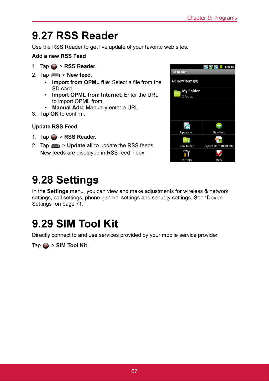 ShelterLogic VS14032 manual RSS Reader, Settings, SIM Tool Kit 