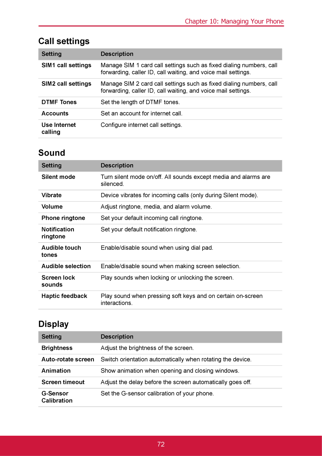 ShelterLogic VS14032 manual Call settings, Sound, Display 