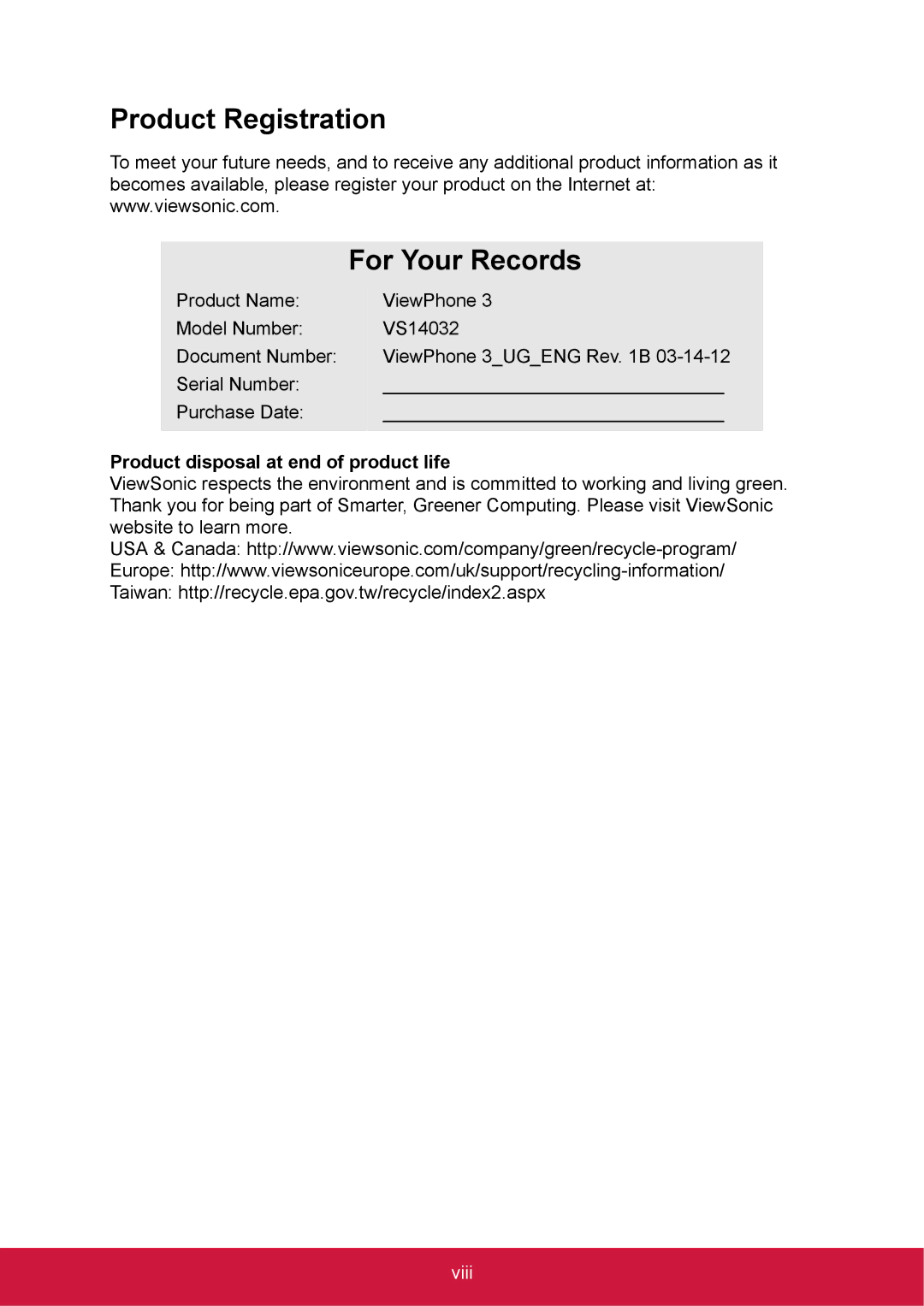 ShelterLogic VS14032 manual Product Registration For Your Records, Product disposal at end of product life 