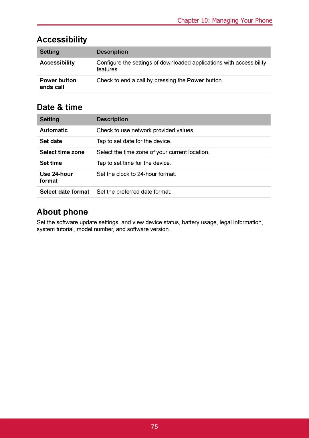 ShelterLogic VS14032 manual Accessibility, Date & time, About phone 