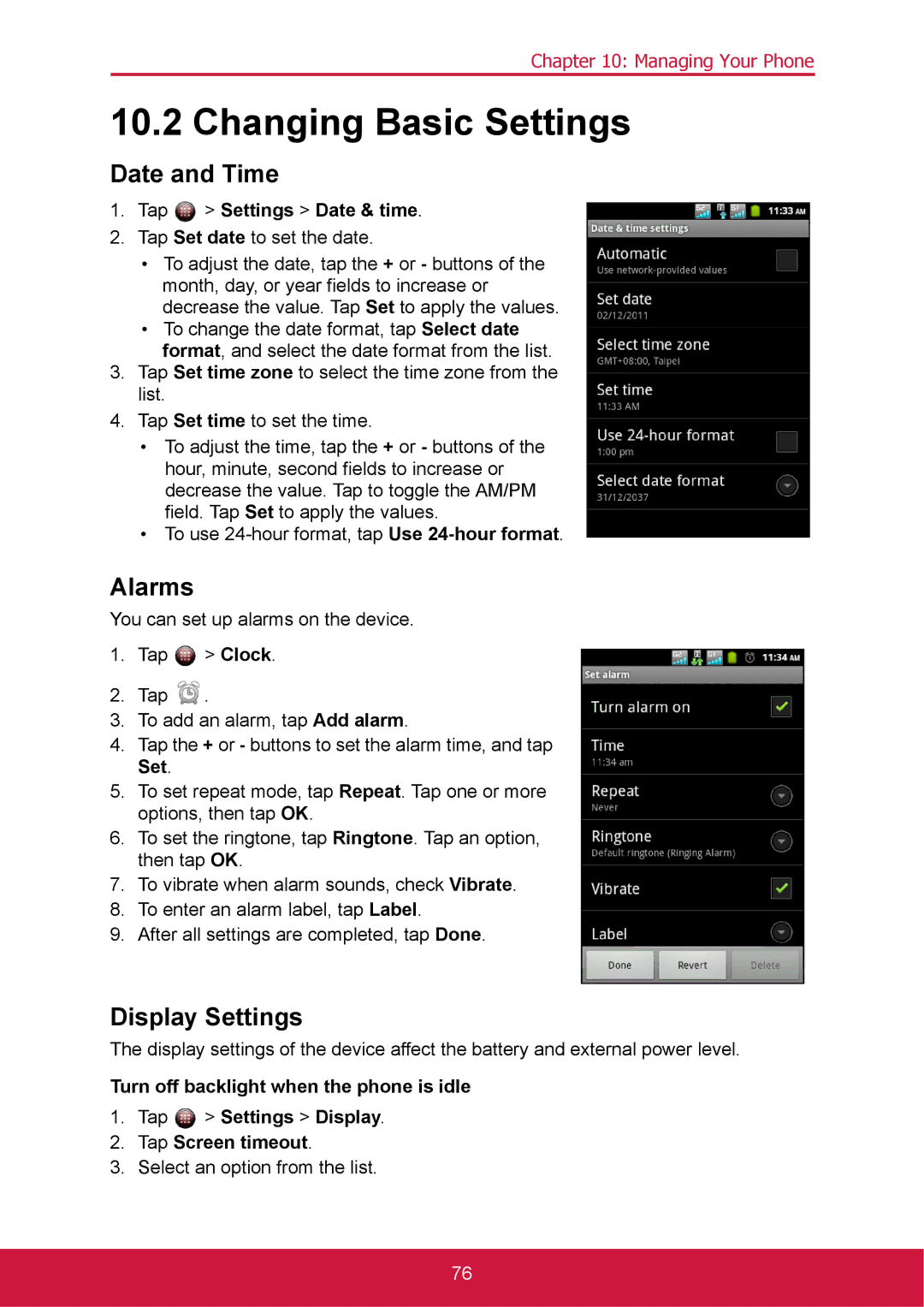 ShelterLogic VS14032 manual Changing Basic Settings, Date and Time, Alarms, Display Settings, Tap Settings Date & time 