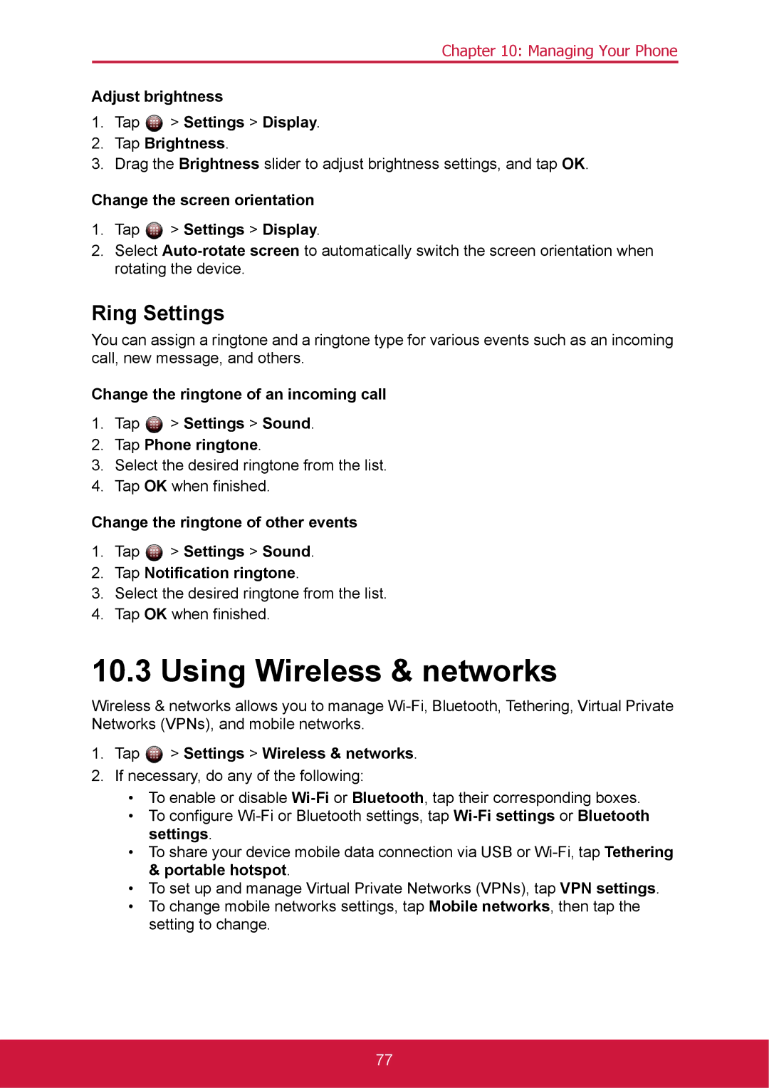 ShelterLogic VS14032 manual Using Wireless & networks, Ring Settings, Adjust brightness Tap Settings Display Tap Brightness 