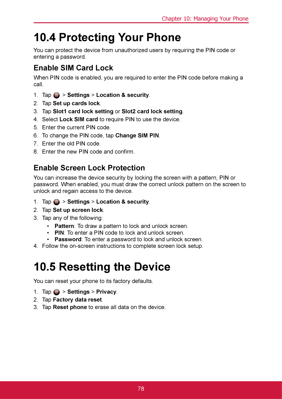 ShelterLogic VS14032 Protecting Your Phone, Resetting the Device, Enable SIM Card Lock, Enable Screen Lock Protection 