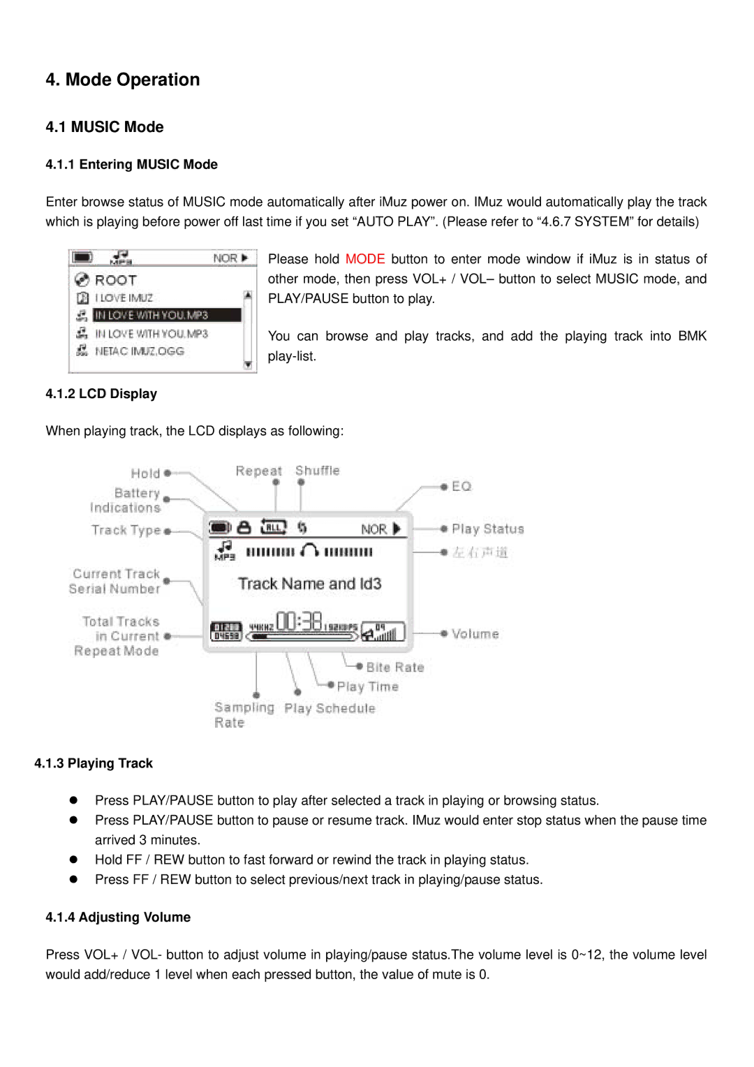 Shenzhen High Power Tech C700 user manual Entering Music Mode, LCD Display, Playing Track, Adjusting Volume 