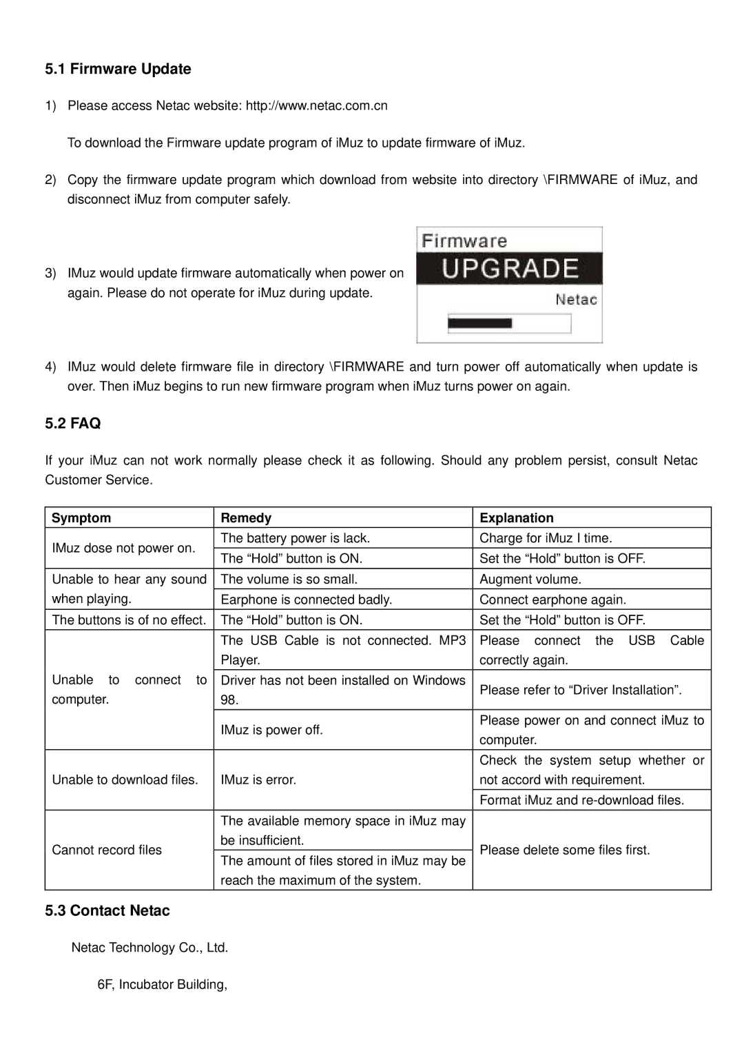 Shenzhen High Power Tech C700 user manual Firmware Update, Faq, Contact Netac, Symptom Remedy Explanation 