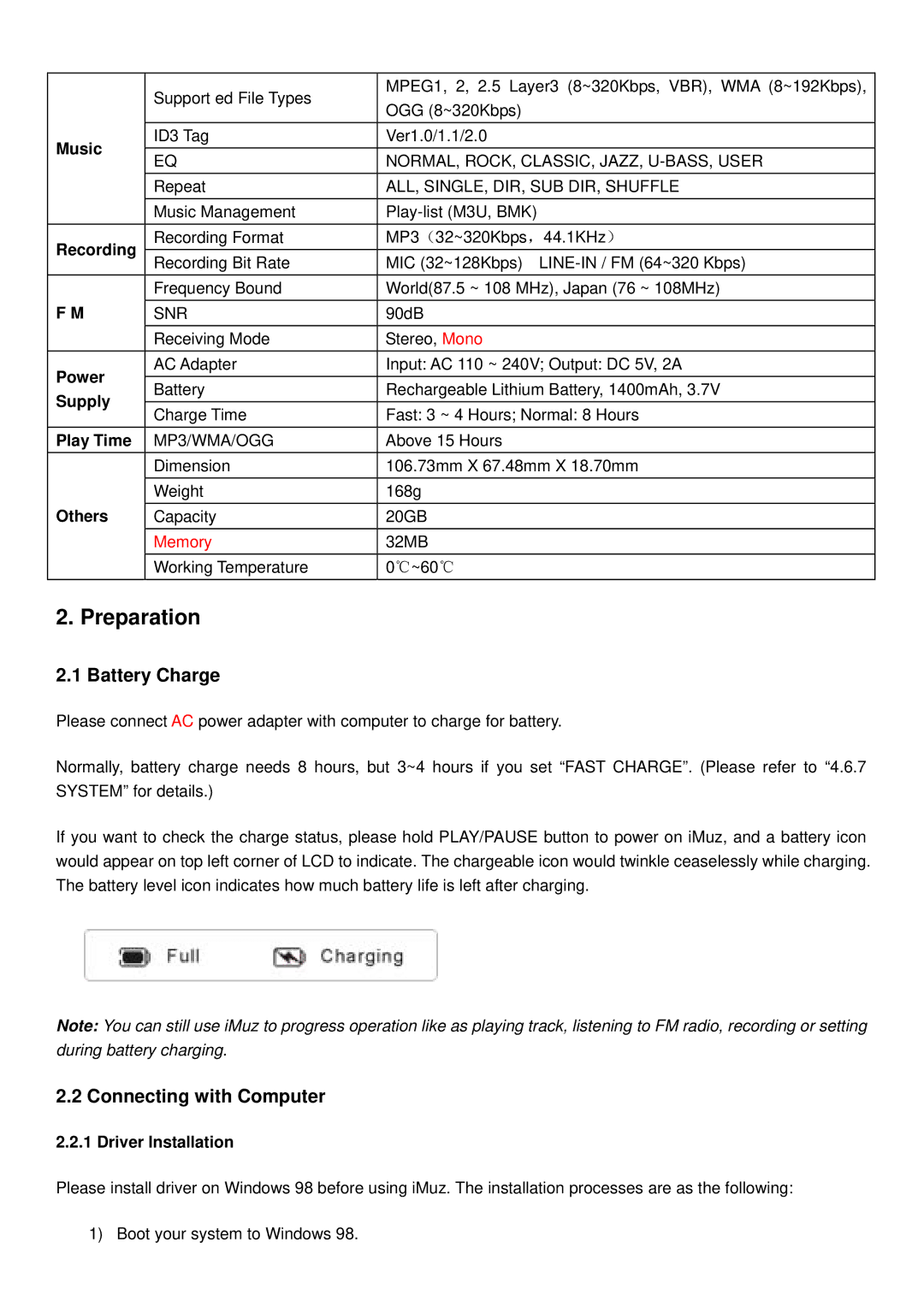 Shenzhen High Power Tech C700 user manual Battery Charge, Connecting with Computer 