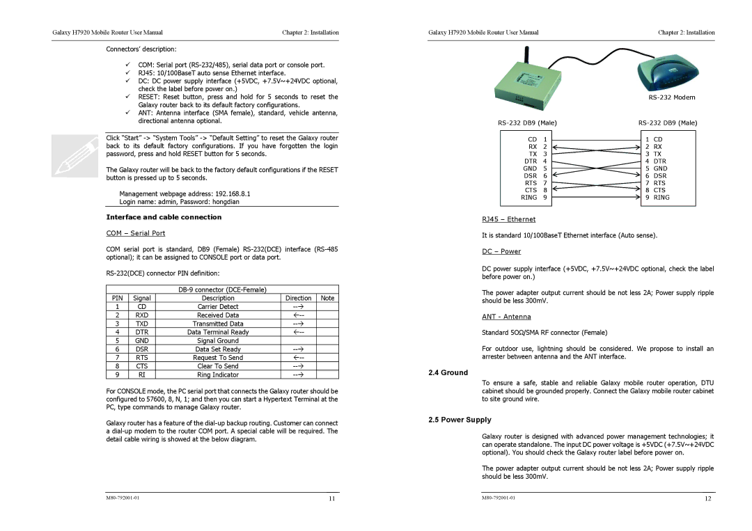 Shenzhen High Power Tech H7920 user manual Ground, Power Supply, Interface and cable connection, Pin, Rts 