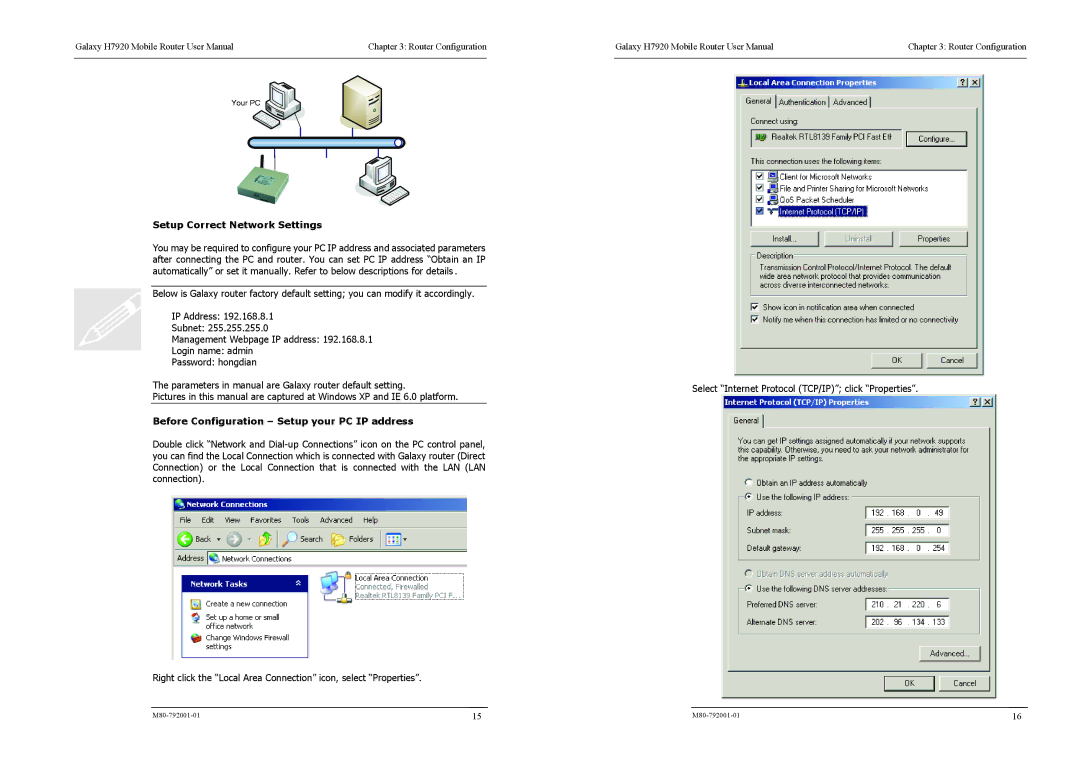 Shenzhen High Power Tech H7920 user manual Setup Correct Network Settings, Before Configuration Setup your PC IP address 