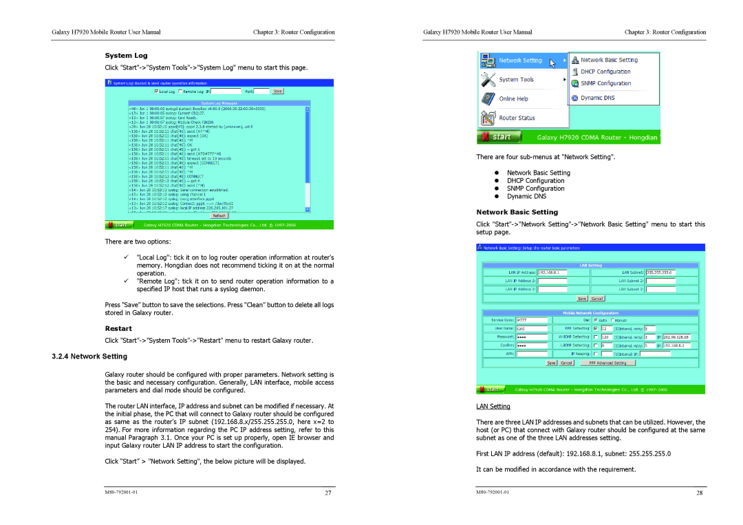 Shenzhen High Power Tech H7920 user manual Network Setting, System Log, Restart, Network Basic Setting 