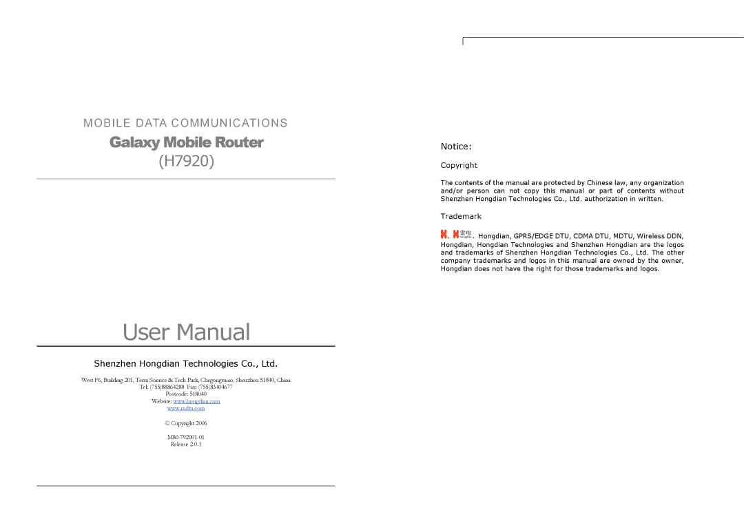 Shenzhen High Power Tech H7920 user manual Galaxy Mobile Router 