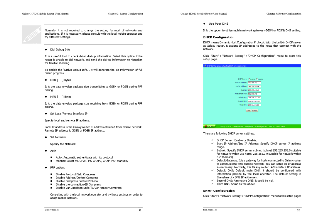 Shenzhen High Power Tech H7920 user manual Dhcp Configuration, Snmp Configuration 