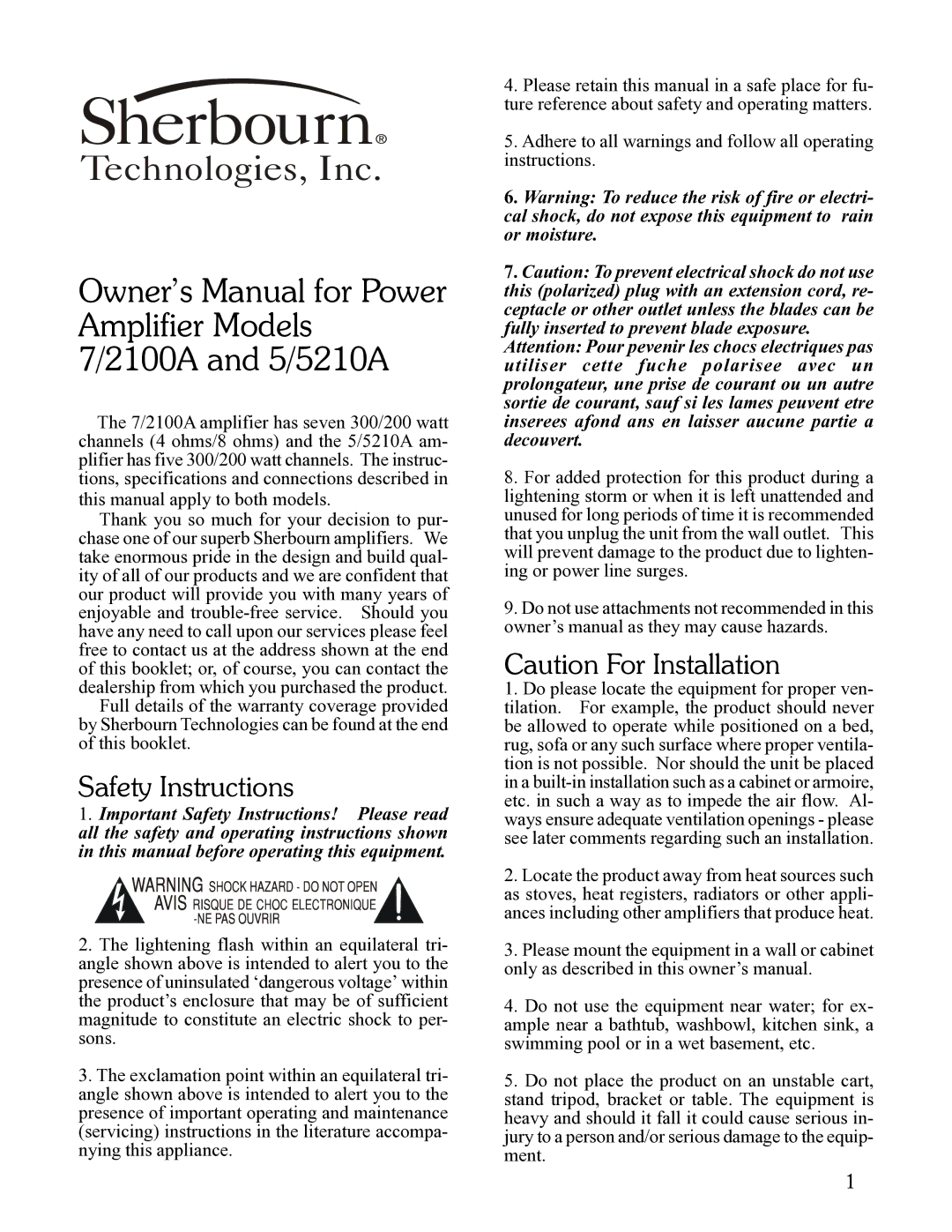 Sherbourn Technologies 5/5210A, 7/2100A owner manual Sherbourn, Safety Instructions 