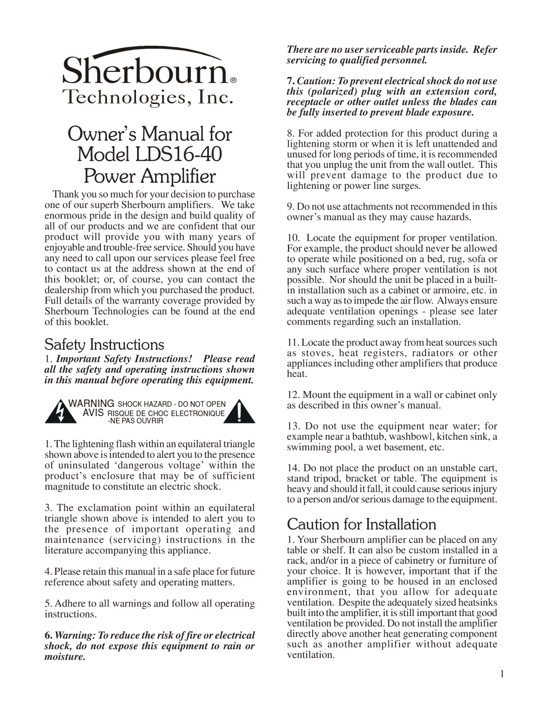 Sherbourn Technologies LDS16-40 owner manual Sherbourn, Safety Instructions 