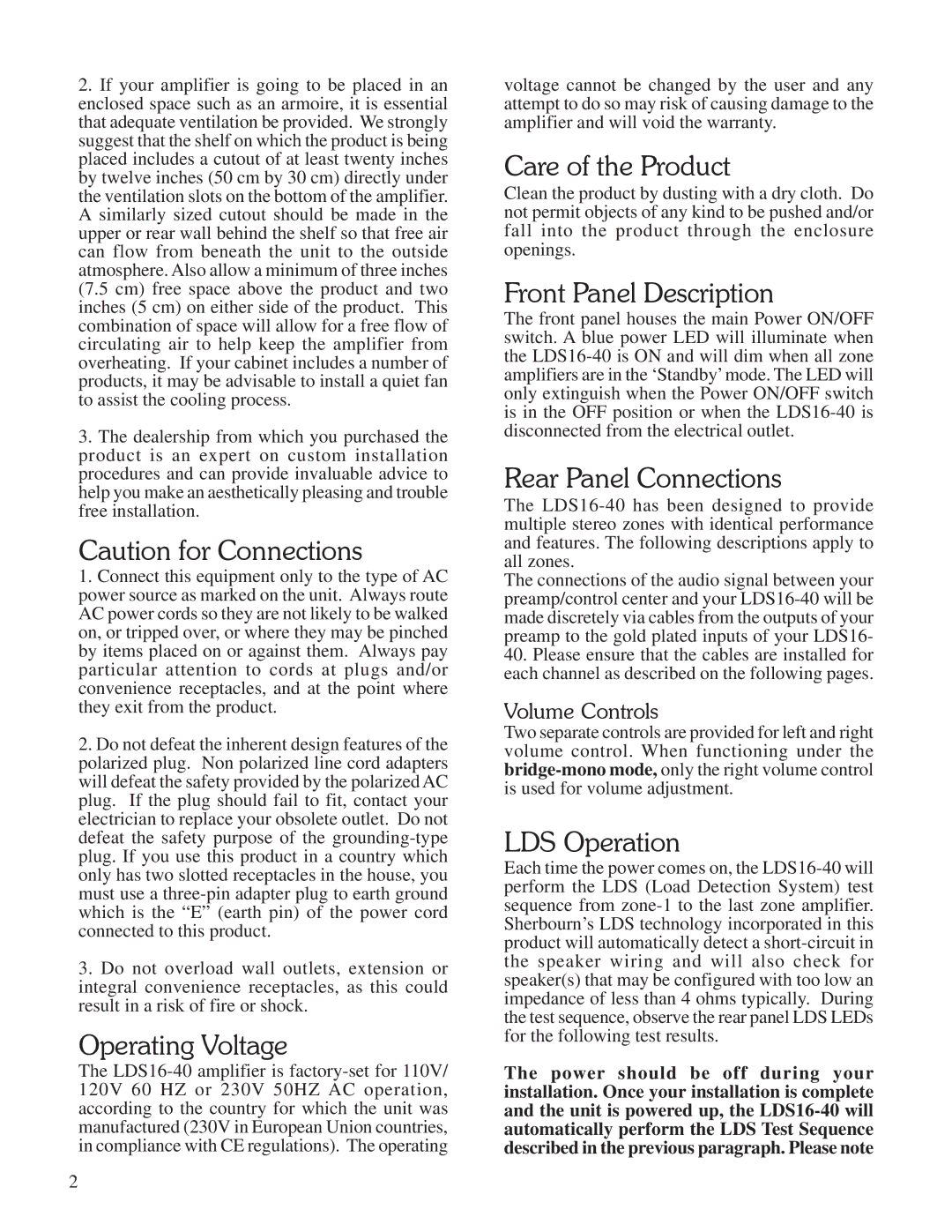 Sherbourn Technologies LDS16-40 Operating Voltage, Care of the Product, Front Panel Description, Rear Panel Connections 