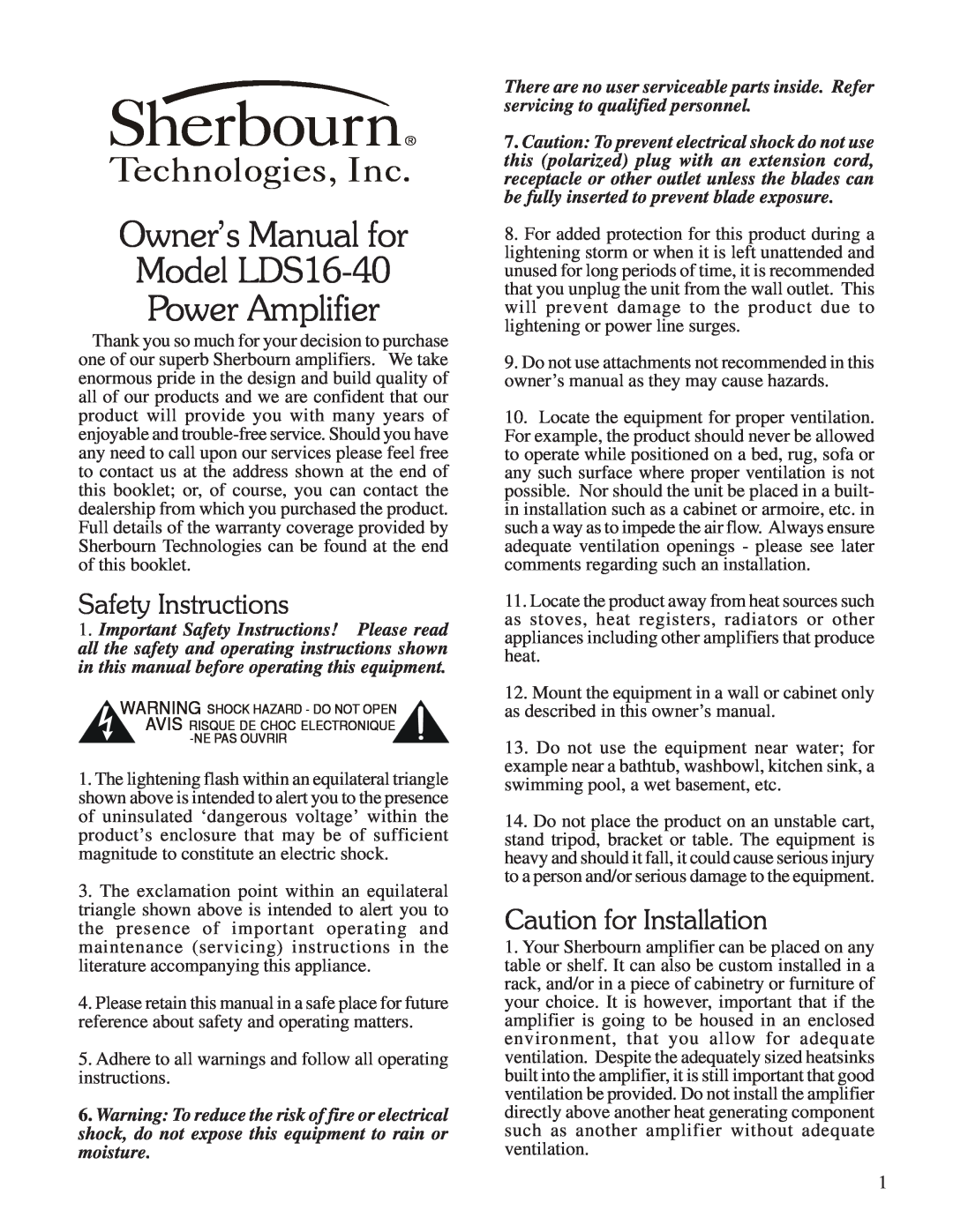 Sherbourn Technologies LDS16-40 owner manual Safety Instructions, Caution for Installation, Sherbourn, Technologies, Inc 