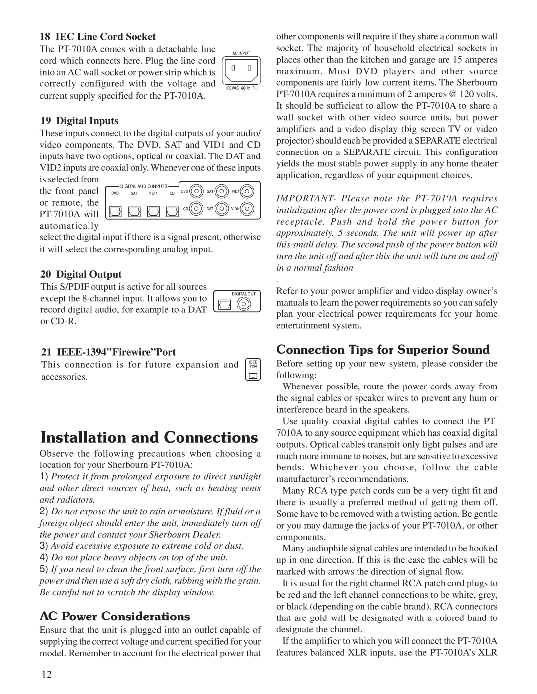 Sherbourn Technologies PT-7010A Installation and Connections, AC Power Considerations, Connection Tips for Superior Sound 