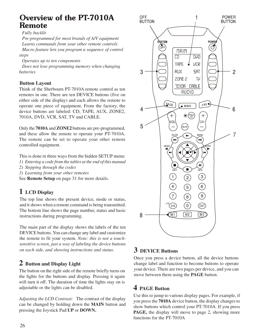 Sherbourn Technologies owner manual Overview of the PT-7010A Remote 