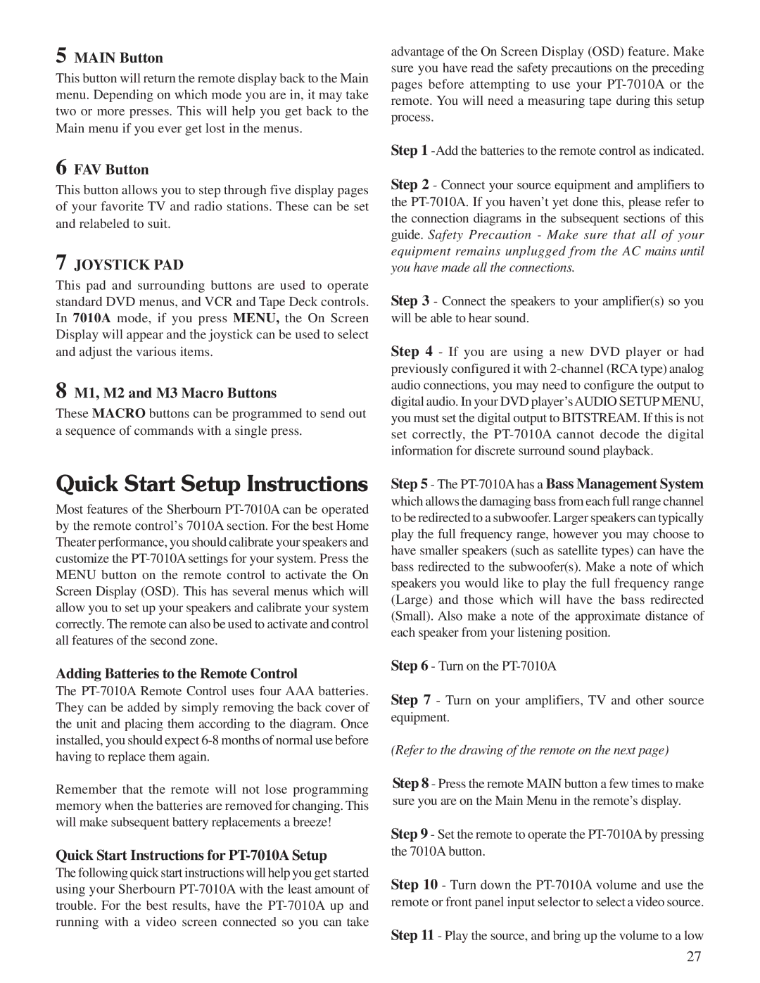 Sherbourn Technologies PT-7010A owner manual Quick Start Setup Instructions, Adding Batteries to the Remote Control 