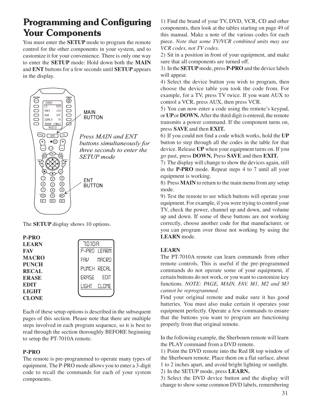 Sherbourn Technologies PT-7010A Programming and Configuring Your Components, Macro Punch Recal Erase Edit Light Clone 