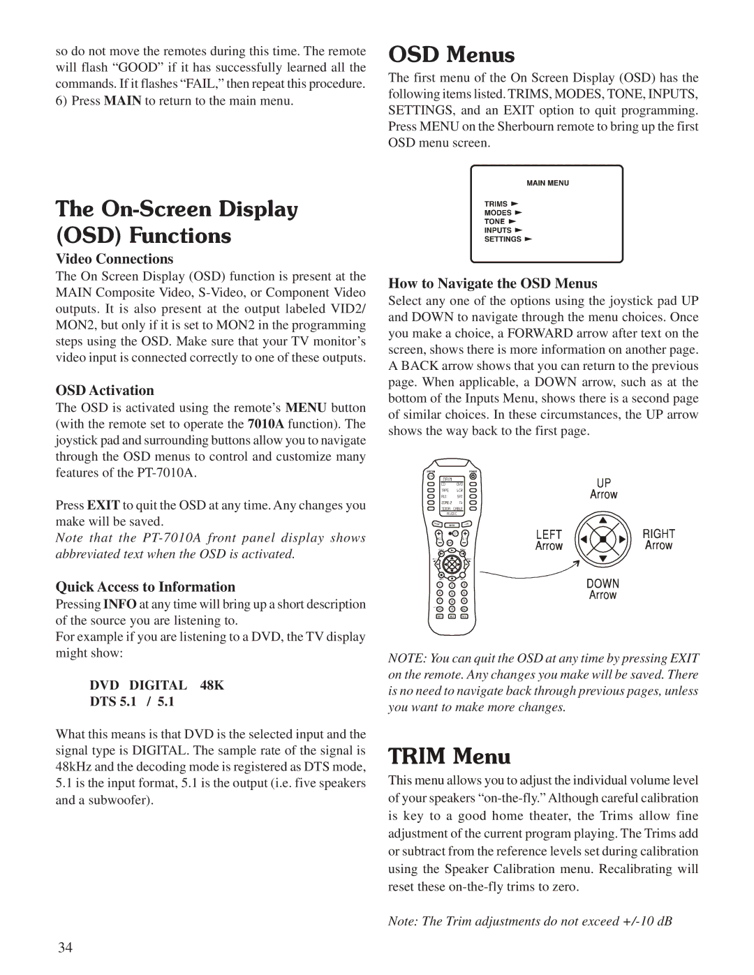 Sherbourn Technologies PT-7010A owner manual On-Screen Display OSD Functions, Trim Menu, How to Navigate the OSD Menus 