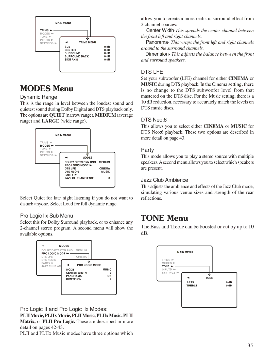 Sherbourn Technologies PT-7010A owner manual Modes Menu, Tone Menu 